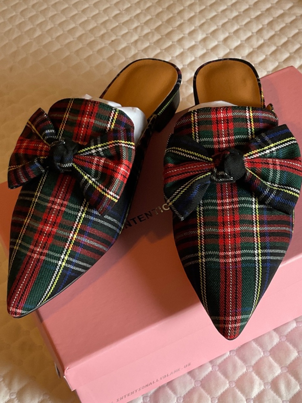 INTENTIONALLY BLANK Red and Green Plaid Pointed-Toe Bow Mules